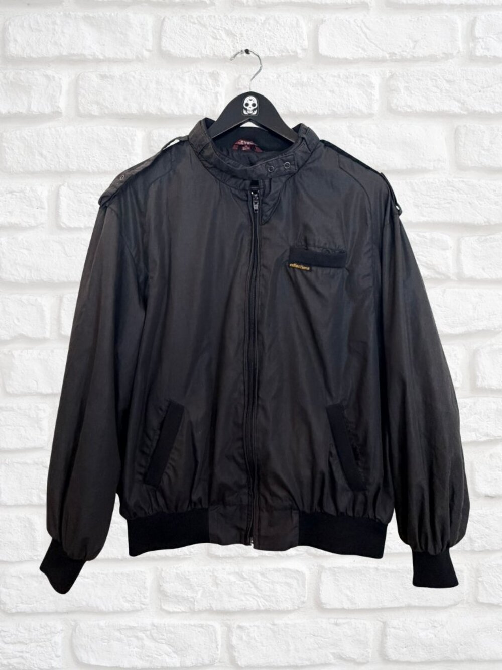 Vintage Members Only Style Black Bomber Jacket Mens XL Snap Collar Epaulets